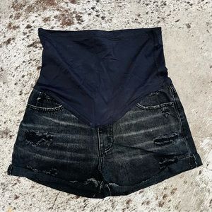 PinkBlush Black Distressed Cuffed Maternity Jean Shorts, Large